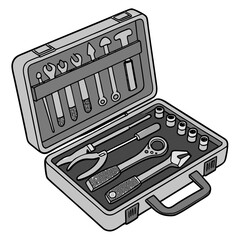 Gray tool case with assorted wrenches and sockets toolbox ratchet
