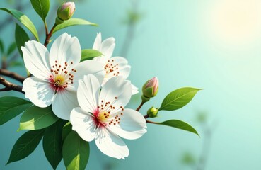 Obraz premium White blossoms with pink buds on a branch against a soft, blurred background