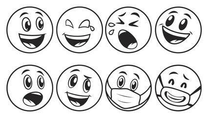 Hand drawn emoji faces with varied expressions and mask illustration