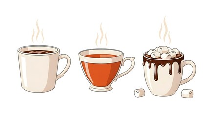 Assortment of delicious hot drinks including coffee, tea, and hot chocolate with marshmallows