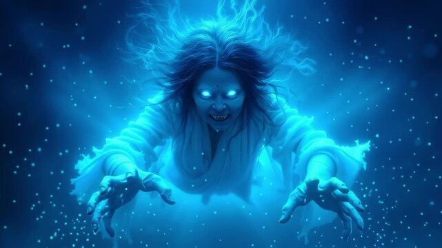 A woman in a white dress with blue eyes and a ghostly face - Powered by Adobe