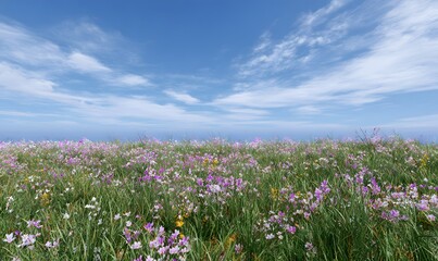 Obraz premium the vast grassland is covered with colorful flowers, pink haze fills the air