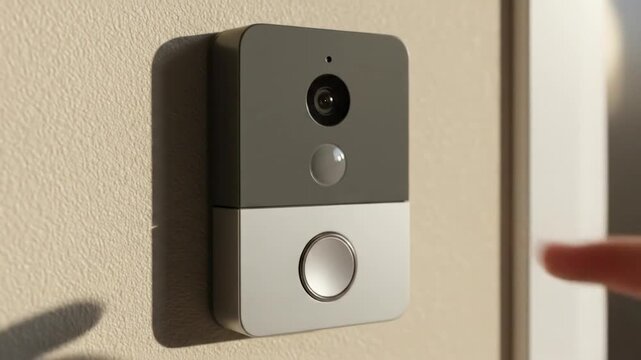 Finger pressing doorbell button smart home technology surveillance system security device residential entrance
