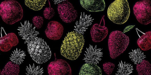 A colorful, vibrant pattern featuring various fruits, including pineapples, cherries, apples, pears, and strawberries, depicted in a detailed, line-art style against a dark background.