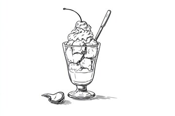 Hand-drawn sketch of a delicious sundae in a stemmed glass, topped with whipped cream and a cherry, a spoon rests on the rim, and a maraschino cherry rests beside it