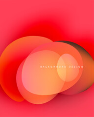 Abstract design features overlapping orange circles. Gradient shades create depth, vibrant red backdrop completes composition.
