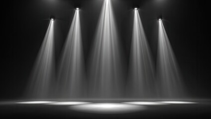 Empty stage illuminated by spotlights, casting dramatic light beams on a dark backdrop.