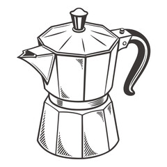 Moka pot coffee maker illustration black and white stovetop espresso maker kitchenware