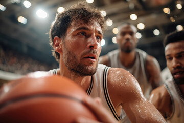 Male basketball player, focused and determined, is preparing to shoot a basketball during an intense game, with teammates and a cheering crowd in the background, showcasing competitive spirit