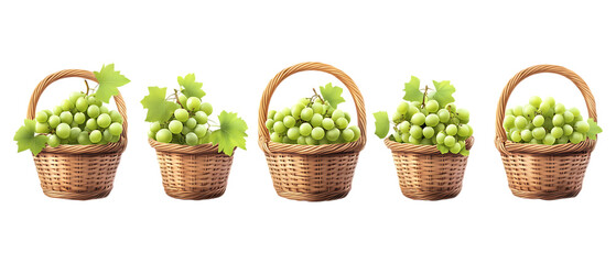 Pack Collection Green Grapes in Wicker Baskets Fresh Produce Harvest Healthy Food Vitamin Rich set against transparent background
