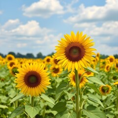 Obraz premium Field of sunflowers facing the sun.