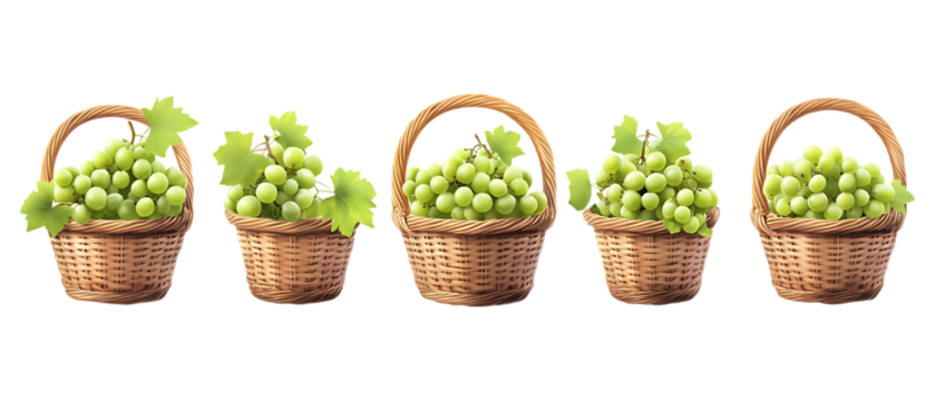 Pack Collection Green Grapes in Wicker Baskets Fresh Produce Harvest Healthy Food Vitamin Rich set against transparent background