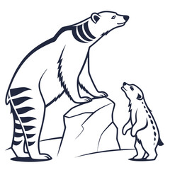 Polar bear cub looks up at parent on rock arctic