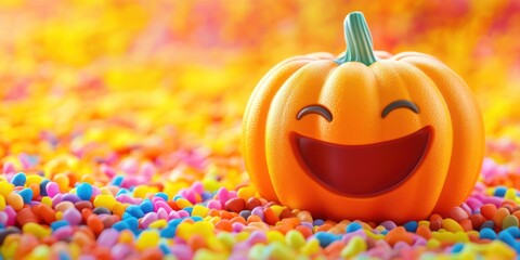 Happy halloween pumpkin with a big smile sitting on colorful candy in a festive setting