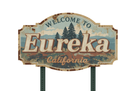 Rustic Eureka, California welcome sign, forest background, travel