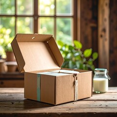 A rustic wooden table holds a beautifully wrapped gift box adorned with a vibrant red ribbon, casting soft shadows in the warm afternoon light.