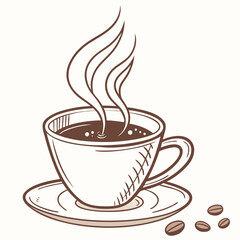 Steaming coffee cup with beans on saucer coffee beans hot beverage