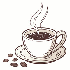 Steaming coffee cup with beans on saucer vector