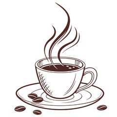 Steaming coffee cup with beans on white background hot beverage coffee beans