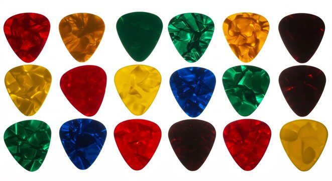 Vibrant colorful guitar picks neatly arranged against a bright white background. AI Generated