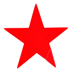 Blank red star sticker with a textured surface and soft creases, isolated on a white background, useful for a rating, review, or decorative design element.