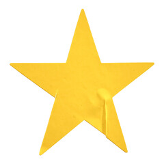 Blank yellow star sticker with a textured surface and soft creases, isolated on a white background, useful for a rating, review, or decorative design element.