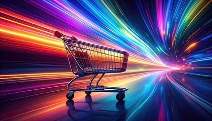 A shopping cart speeds through a vibrant, luminous tunnel of multicolored light streaks, suggesting motion, speed, and a futuristic shopping experience