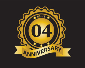 Naklejka premium 4th Anniversary Golden Badge. Best Anniversary Seal with Ribbon. Vector Illustration on Black Background