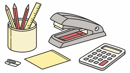 Yellow pencils red pencils ruler stapler calculator paperclip yellow notepad vector