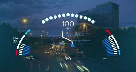Animation of car interface over cityscape - Powered by Adobe