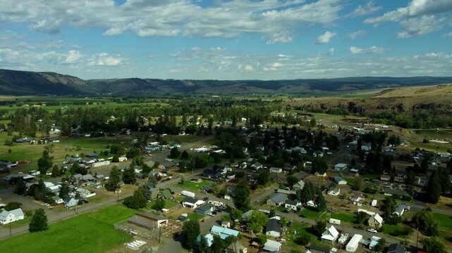 US, Oregon, Wallowa, 2025-08-18 - Drone view of the city of Wallowa, a small farming town in northeast oregon