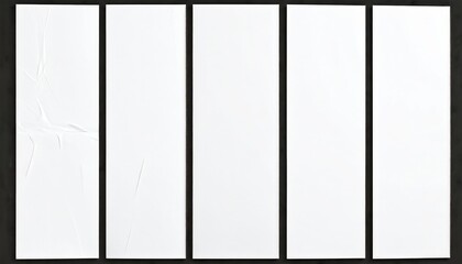 Fototapeta premium Five vertical white rectangles are lined up against a dark background. The first has wrinkles. Mockup design for posters