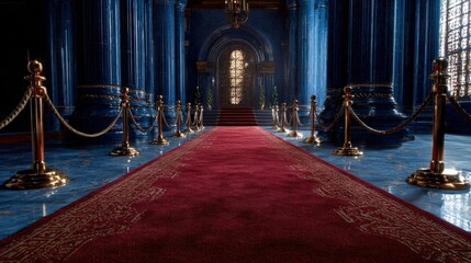 Grand Hall Interior With Red Carpet And Blue Columns