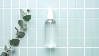 Elegant clear mist bottle and a refreshing eucalyptus leaf branch on a calm aquamarine tile pattern, showcasing clean beauty, spa essentials, or personal care items