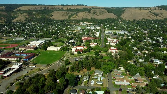 US, Oregon, La Grande, Eastern Oregon University, 2025-08-11 - Drone view of Eastern Oregon University (EOU) campus