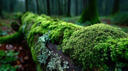Moss covered log lies in a forest with trees in the background.