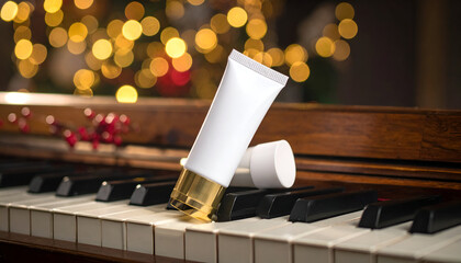 Elegant cosmetic product mockup on a classic piano, capturing the harmony of beauty and music with a warm, festive holiday bokeh background
