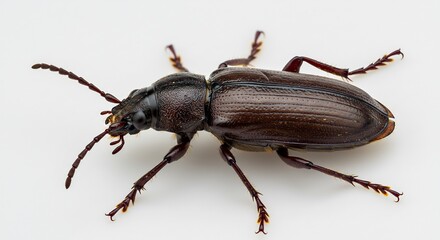Dark brown beetle sharply detailed against bright white background. AI Generated