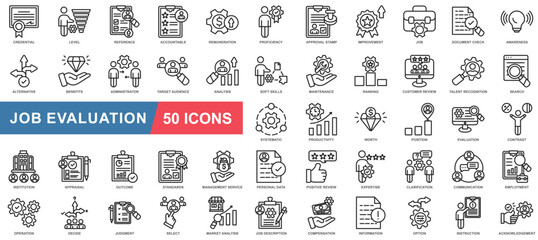 Job evaluation icon collection set. Proficiency, Soft skills, Analysis, Target audience, Document check icon. Simple line vector.