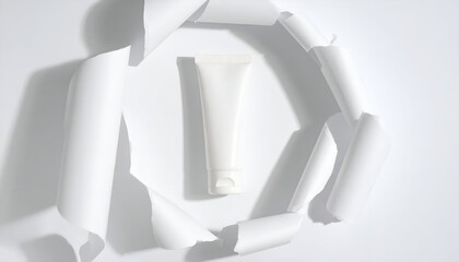 Minimalist top-down view of a blank white cosmetic tube mockup, artfully arranged inside a circular frame of torn paper with distinct shadows