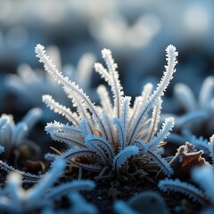 Fototapeta premium Close-up of ice crystals growing on soil and grass, macro detail showing early morning frost with sharp shadows.