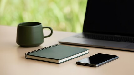 Serene Minimalist Workspace: Laptop, Notebook, Smartphone, and Coffee Mug on Beige Desk