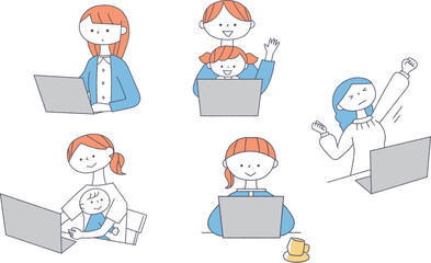 パソコンを使う女性のイラストセット