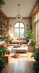 A serene, sunlit living space filled with lush green plants, warm wooden furniture, and abundant natural light from large windows.