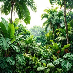 Lush tropical scene bursting with vibrant green foliage, giant palm trees, and a misty background suggesting a distant hill. Peaceful & serene