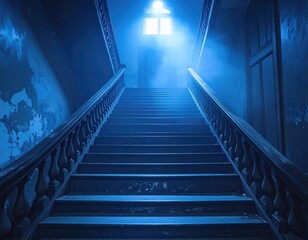 Eerie stairway ascends to a bright window. Blue light permeates the aging, decaying walls. Shadowy ambiance. Frightening but intriguing