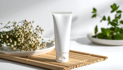 Blank white cosmetic cream tube mockup on a bamboo mat with gypsophila and mint, staged for a natural organic product display with soft light