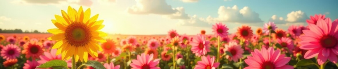 Fototapeta premium Giant sunflower, vibrant pink flowers, sunny field , meadow, summer, plants