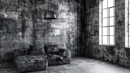 Fototapeta premium Monochromatic interior scene showcases an industrial-style living space with urban charm