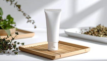 White cosmetic squeeze tube mockup on a bamboo tray with herbs and soft leaf shadows for a natural beauty product presentation